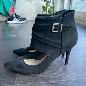 Black suede BCBGeneration heel boot with buckle